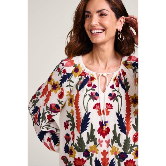Soft Surroundings Tops - Soft Surroundings Banjara $130 Embroidered Tunic Top Cream Floral Boho Size L